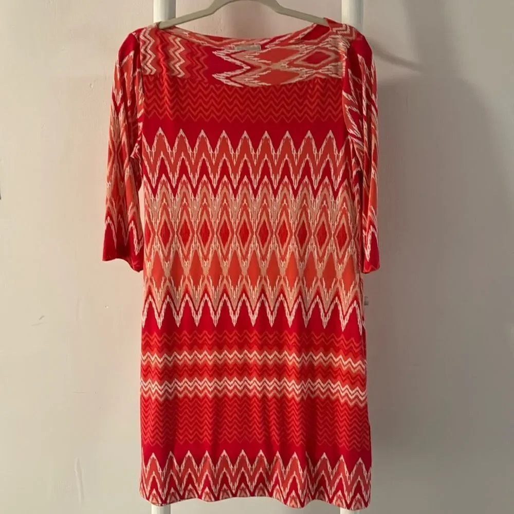 Donna Morgan white/shades of orange ikat print boatneck stretch pullover midi 12